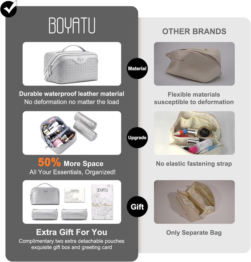 BOYATU Travel Makeup Bag Cosmetic Bags for Women: Large Capacity 3 Pcs Set Make up Bag with Compartments - Waterproof Vegan Leather Toiletry Organizer Bags with Handle (L34 Silver) - Image 3